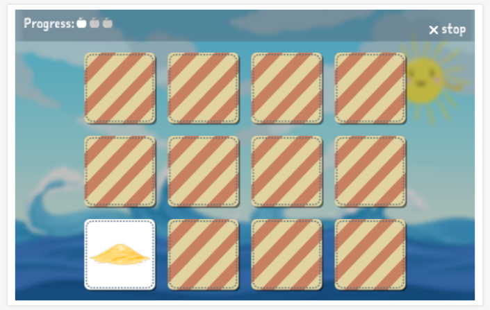 Beach theme memory game of the Spanish app for children