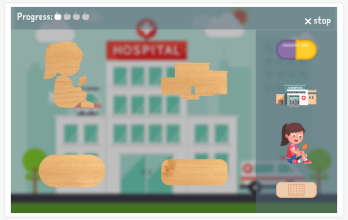 Be ill theme puzzle game of the Spanish app for children