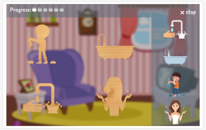 Washing and peeing theme puzzle game of the Spanish app for children