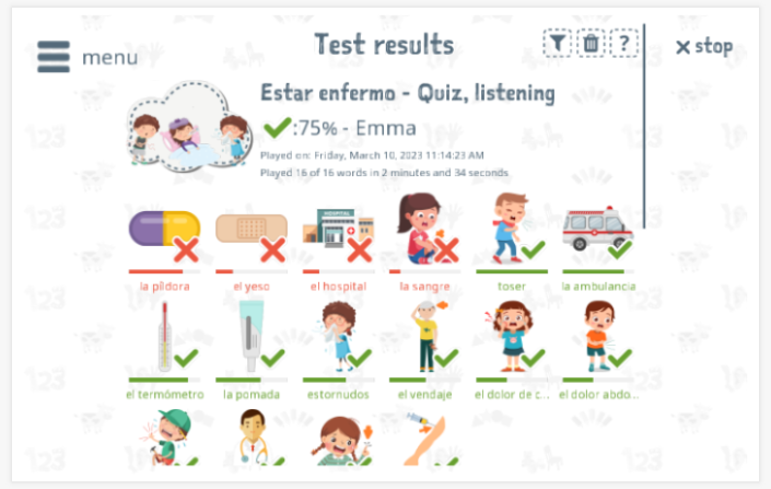 Test results provide insight into the child's vocabulary knowledge of the Be ill theme