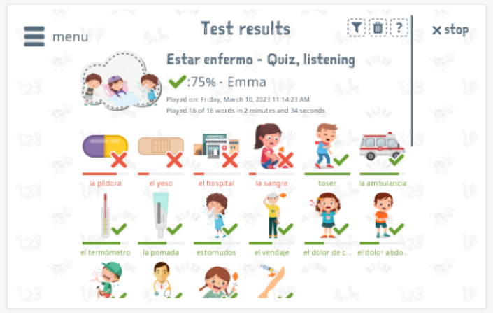 Test results provide insight into the child's vocabulary knowledge of the Being ill theme