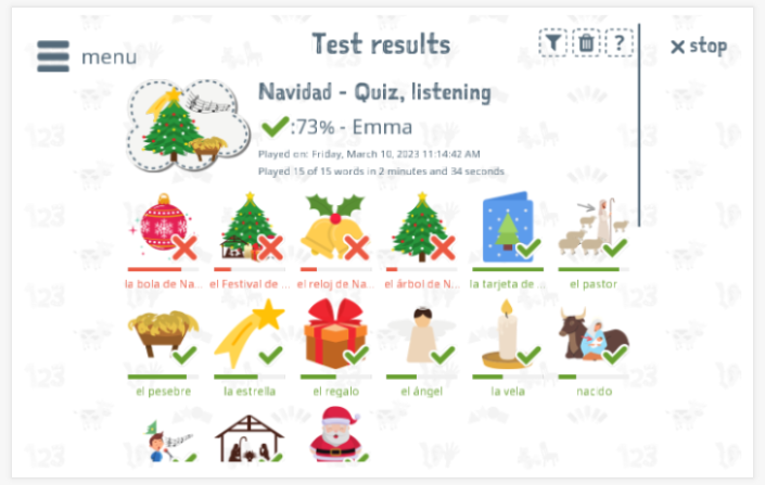 Test results provide insight into the child's vocabulary knowledge of the Christmas theme