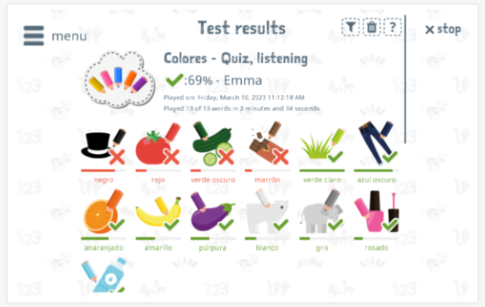 Test results provide insight into the child's vocabulary knowledge of the Colors theme