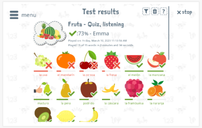 Test results provide insight into the child's vocabulary knowledge of the Fruit theme