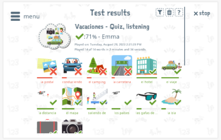 Test results provide insight into the child's vocabulary knowledge of the Holiday theme