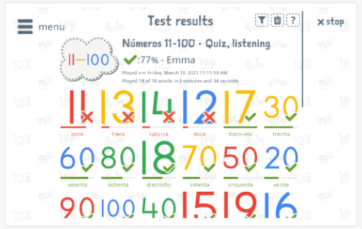 Test results provide insight into the child's vocabulary knowledge of the Numbers 11-100 theme