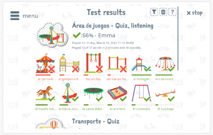 Test results provide insight into the child's vocabulary knowledge of the Playground theme