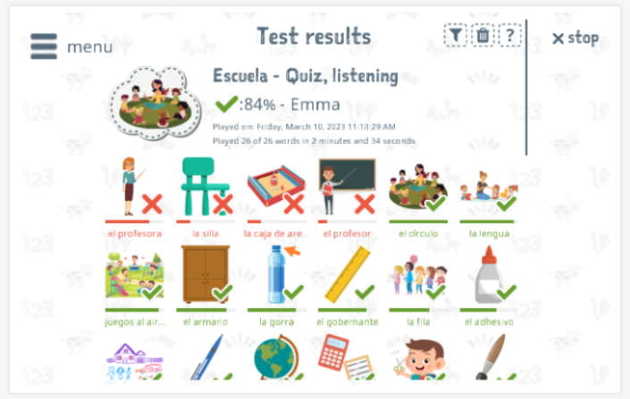 Test results provide insight into the child's vocabulary knowledge of the School theme