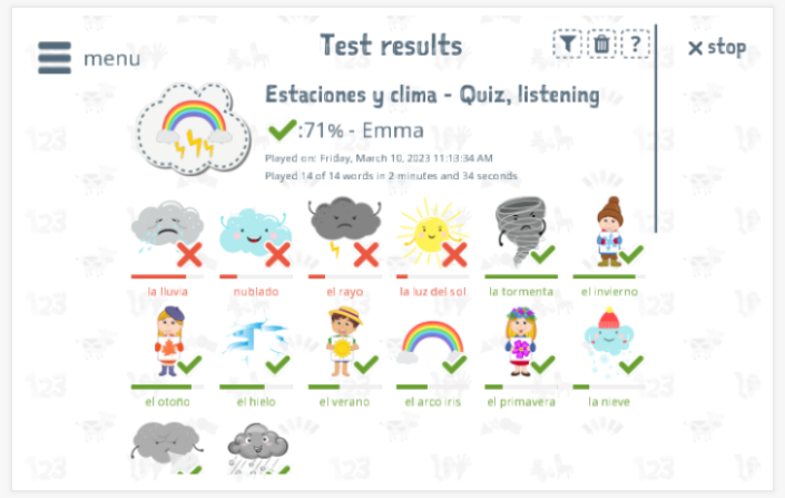 Test results provide insight into the child's vocabulary knowledge of the Seasons and weather theme