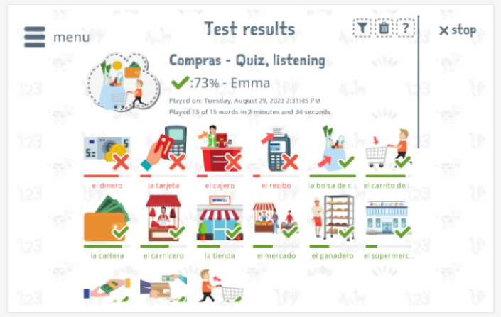 Test results provide insight into the child's vocabulary knowledge of the Shopping theme