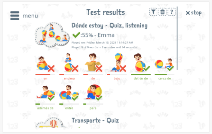 Test results provide insight into the child's vocabulary knowledge of the Where am I theme