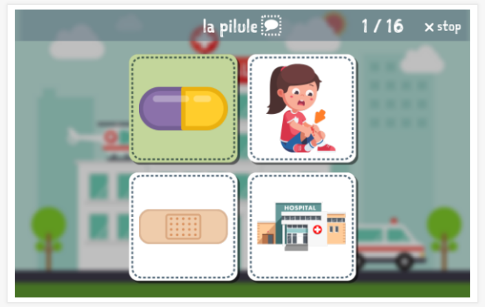 Being ill theme Language test (reading and listening) of the app French for children