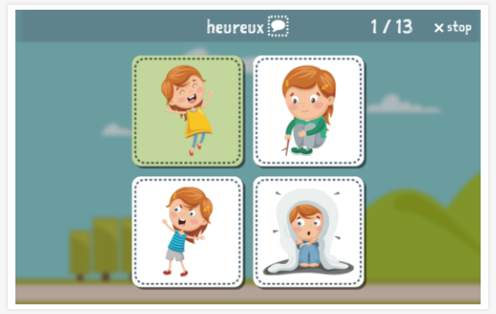 Emotions theme Language test (reading and listening) of the app French for children