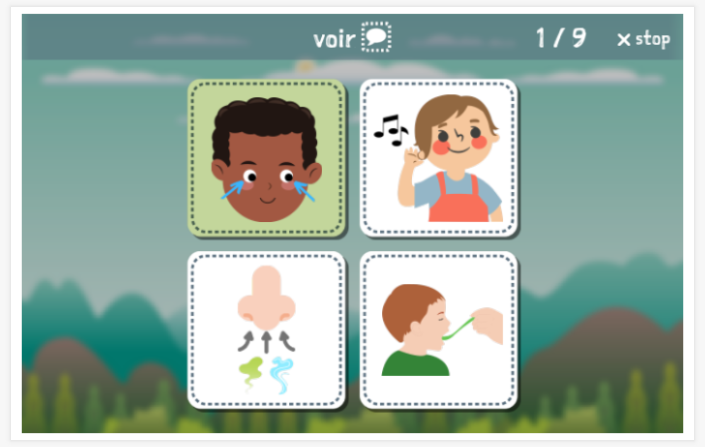 Senses theme Language test (reading and listening) of the app French for children