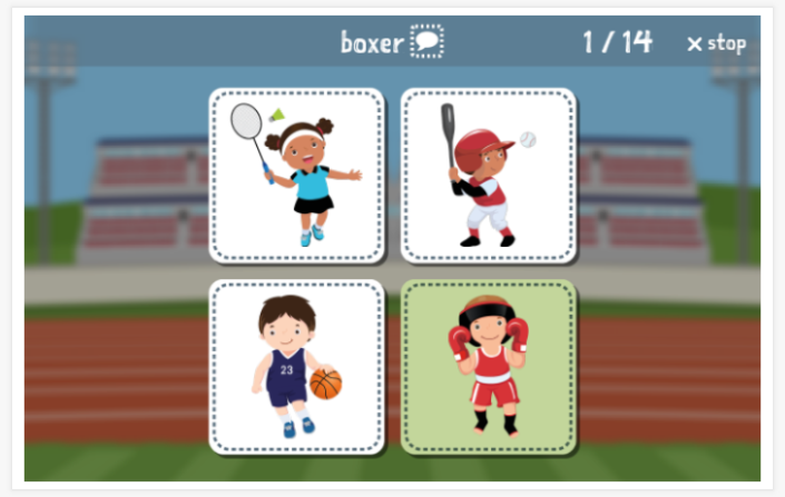 Sports theme Language test (reading and listening) of the app French for children