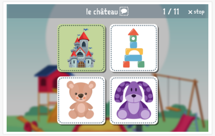 Toys theme Language test (reading and listening) of the app French for children