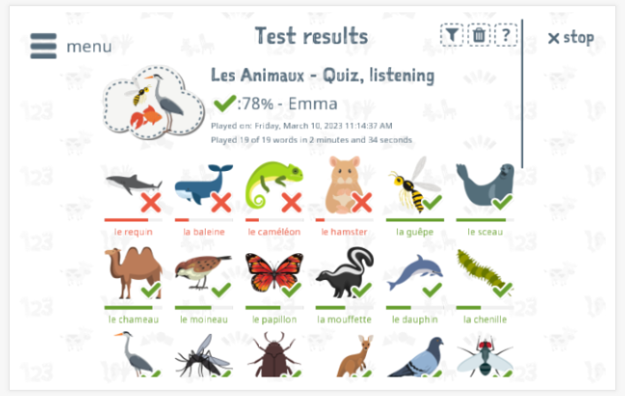 Test results provide insight into the child's vocabulary knowledge of the Animals theme