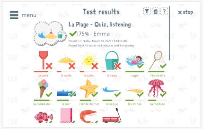 Test results provide insight into the child's vocabulary knowledge of the Beach theme