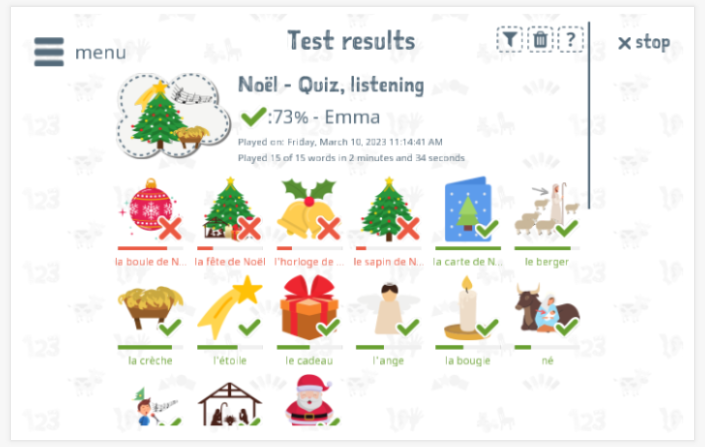 Test results provide insight into the child's vocabulary knowledge of the Christmas theme