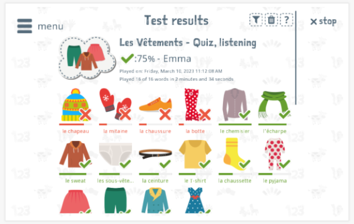 Test results provide insight into the child's vocabulary knowledge of the Clothing theme