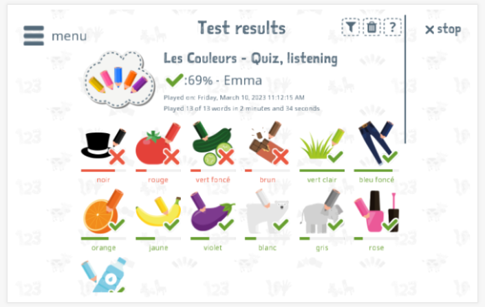 Test results provide insight into the child's vocabulary knowledge of the Colors theme