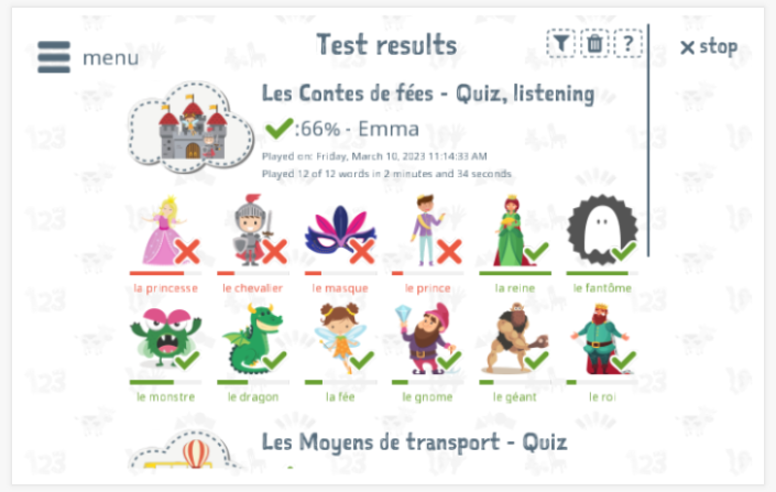 Test results provide insight into the child's vocabulary knowledge of the Fairy tales theme