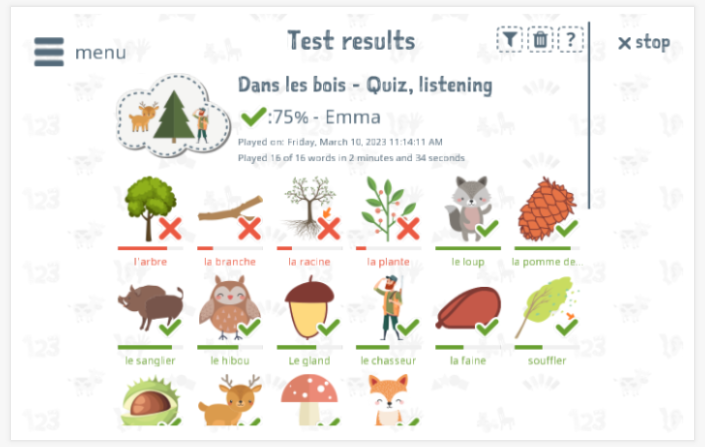 Test results provide insight into the child's vocabulary knowledge of the Forest theme