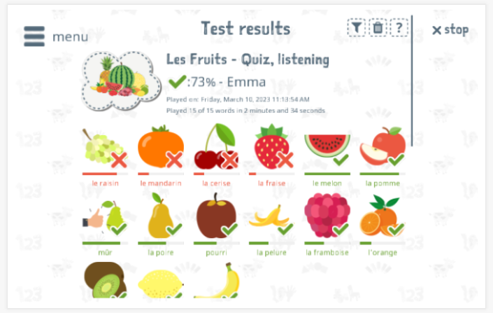 Test results provide insight into the child's vocabulary knowledge of the Fruit theme