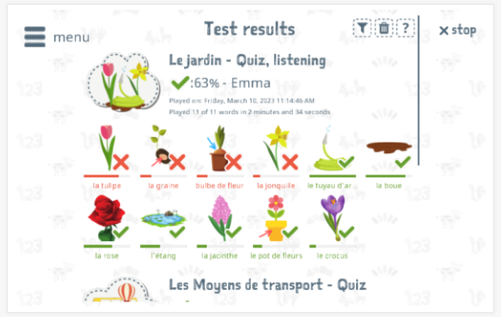 Test results provide insight into the child's vocabulary knowledge of the Garden theme