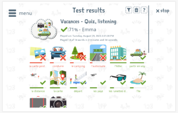 Test results provide insight into the child's vocabulary knowledge of the Holiday theme