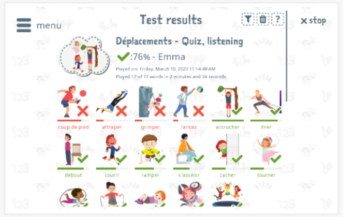Test results provide insight into the child's vocabulary knowledge of the Move theme