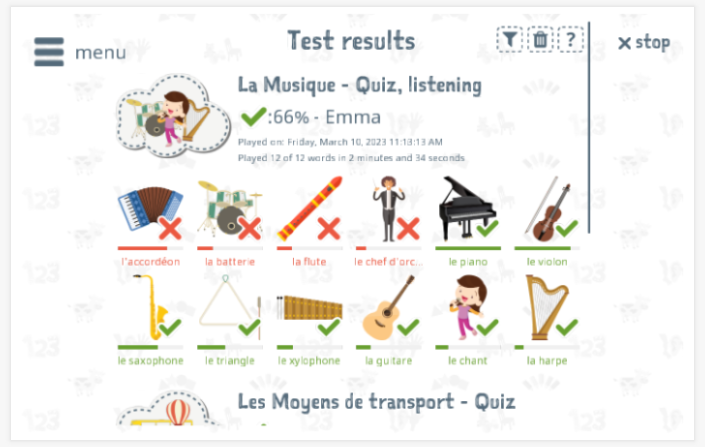Test results provide insight into the child's vocabulary knowledge of the Music theme