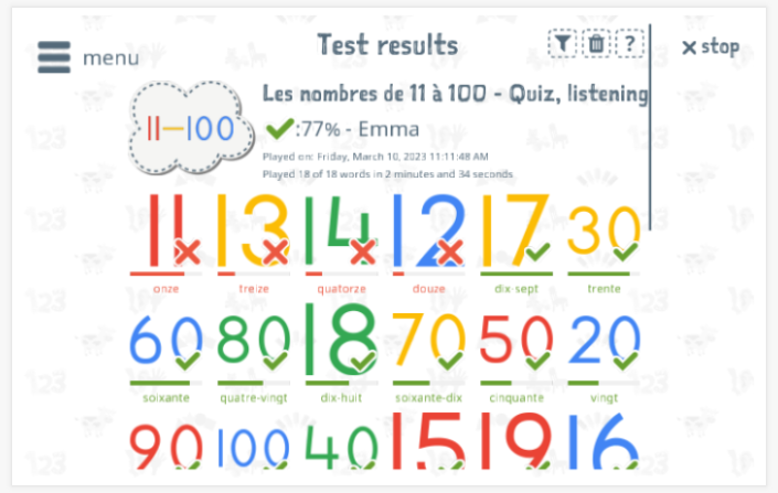Test results provide insight into the child's vocabulary knowledge of the Numbers 11-100 theme
