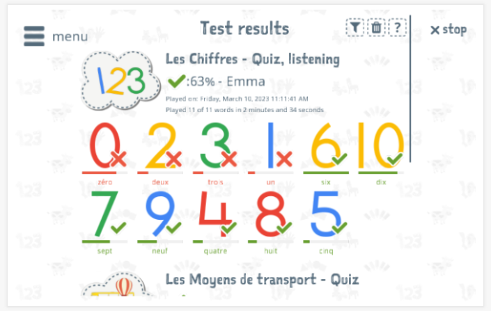 Test results provide insight into the child's vocabulary knowledge of the Numbers theme