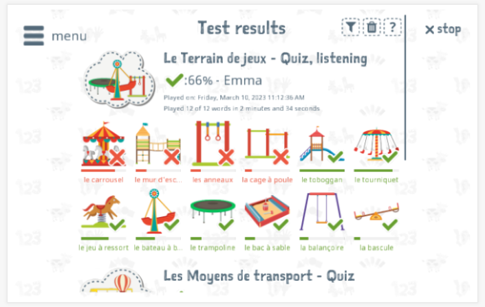 Test results provide insight into the child's vocabulary knowledge of the Playground theme