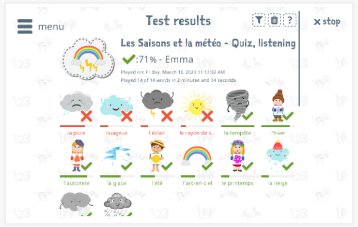 Test results provide insight into the child's vocabulary knowledge of the Seasons and weather theme