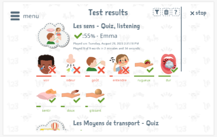 Test results provide insight into the child's vocabulary knowledge of the Senses theme