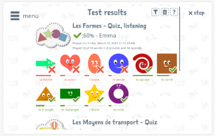 Test results provide insight into the child's vocabulary knowledge of the Shapes theme