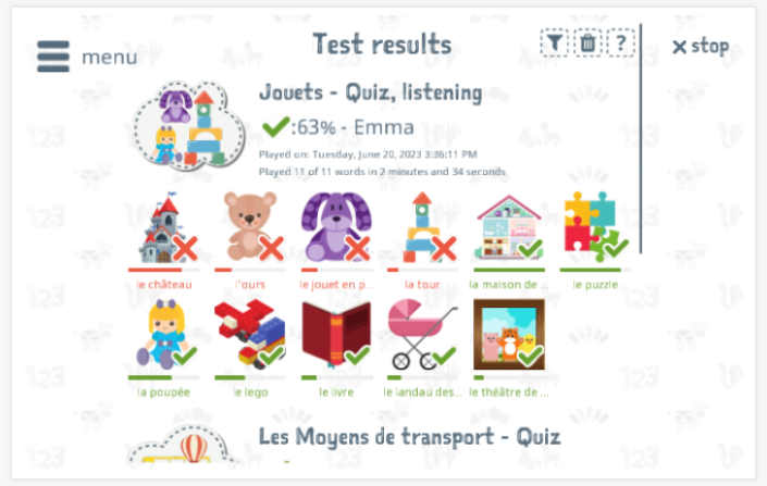 Test results provide insight into the child's vocabulary knowledge of the Toys theme