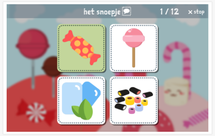 Candy theme Language test (reading and listening) of the app Dutch for children