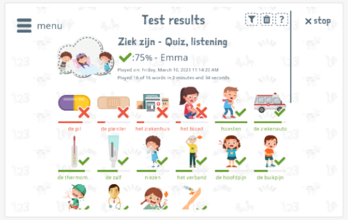 Test results provide insight into the child's vocabulary knowledge of the Be ill theme