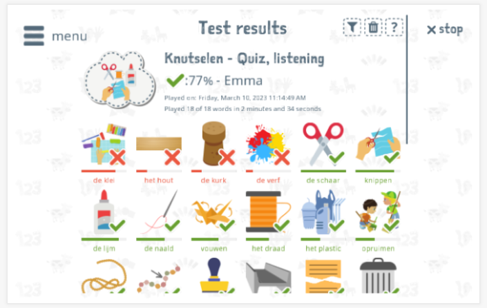 Test results provide insight into the child's vocabulary knowledge of the Crafting theme