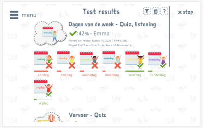 Test results provide insight into the child's vocabulary knowledge of the Days of the week theme
