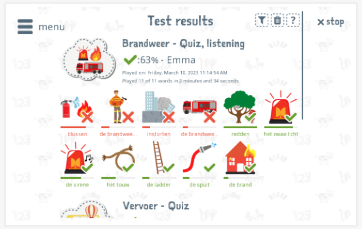 Test results provide insight into the child's vocabulary knowledge of the Fire-brigade theme