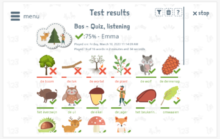 Test results provide insight into the child's vocabulary knowledge of the Forest theme