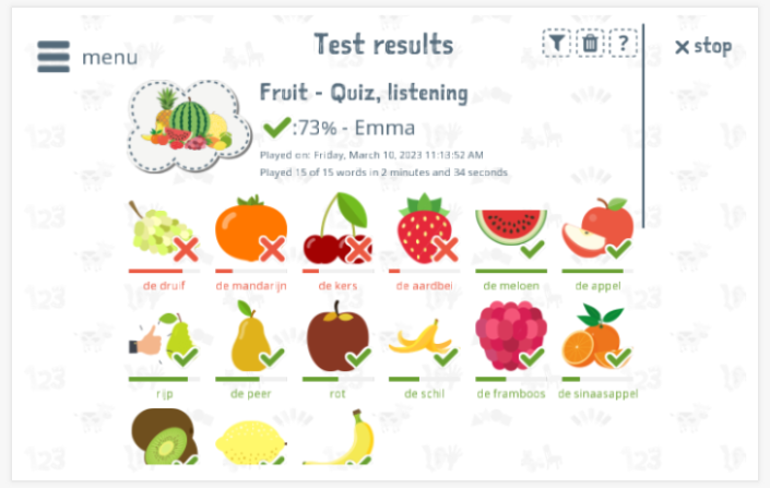 Test results provide insight into the child's vocabulary knowledge of the Fruit theme