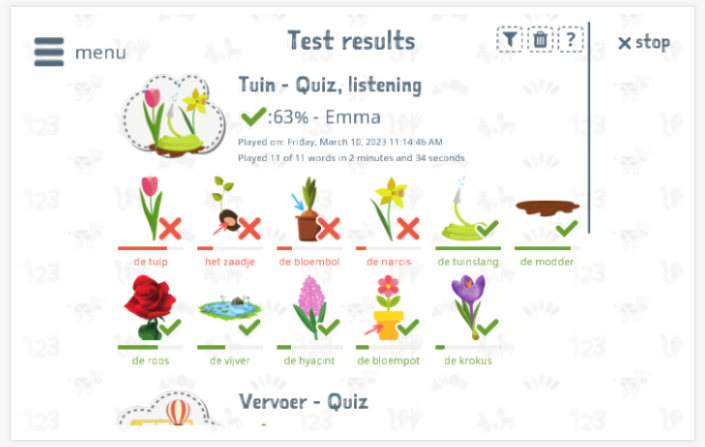 Test results provide insight into the child's vocabulary knowledge of the Garden theme