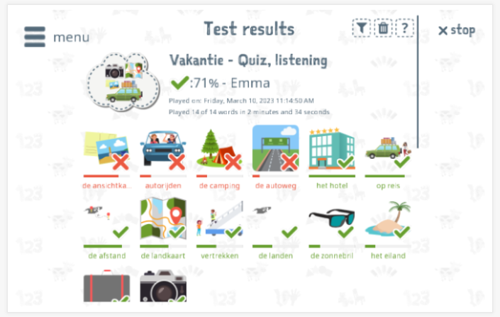 Test results provide insight into the child's vocabulary knowledge of the Holiday theme