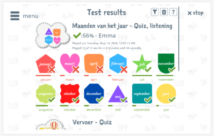 Test results provide insight into the child's vocabulary knowledge of the Months of the year theme