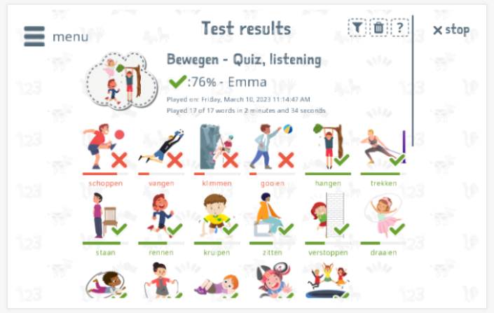 Test results provide insight into the child's vocabulary knowledge of the Move theme